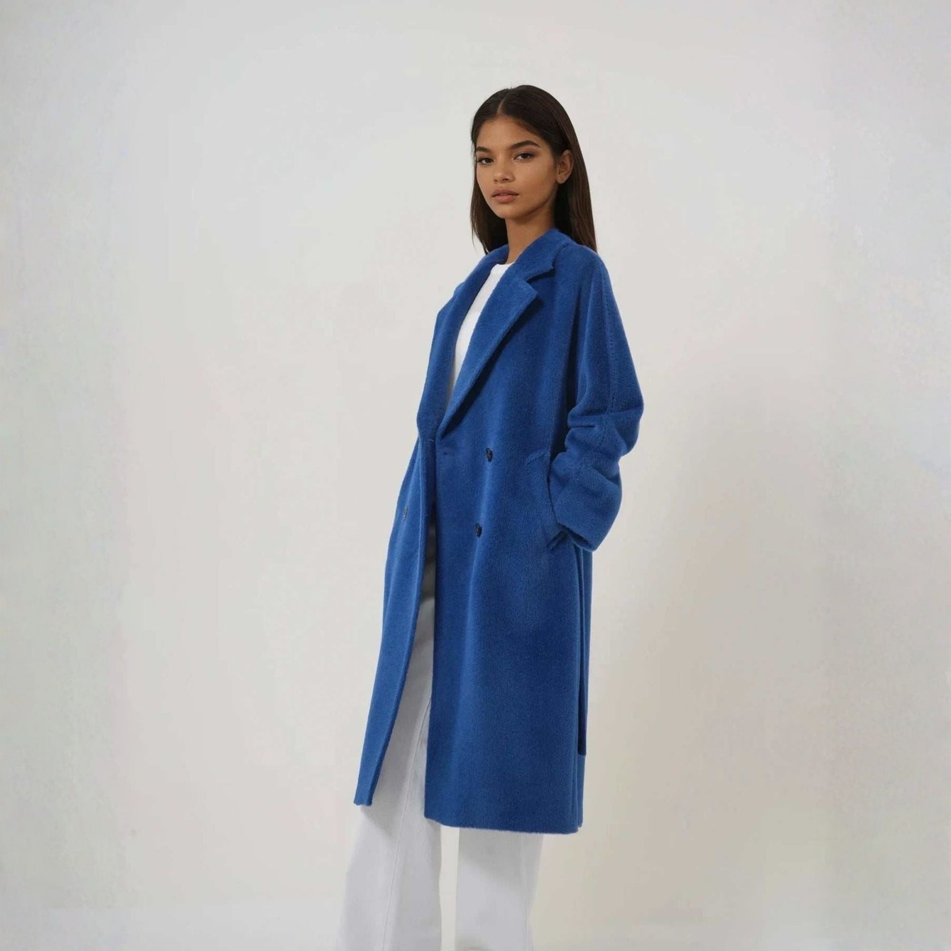 Manteau long en alpaga laine alternative marque luxe bleu doux et chaud